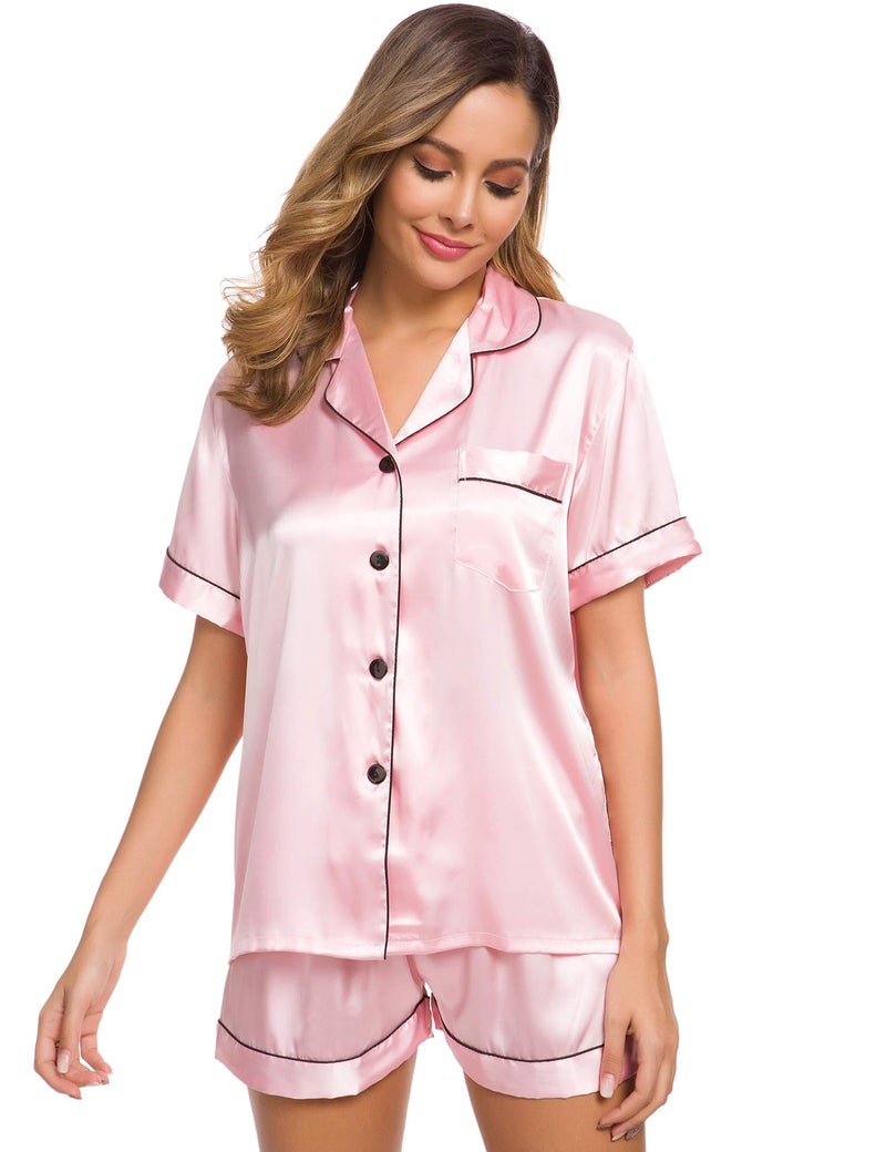 SWOMOG Womens Silk Satin Pajamas Set Two-piece Pj Sets Sleepwear Loungewear Button-Down Pj Sets Pink - Image 2